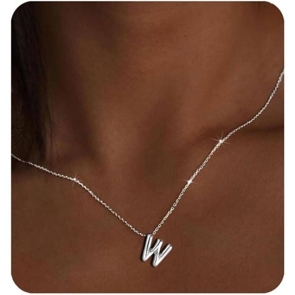 Silver Initial Pendant Necklace – Personalized Letter “W” Trendy Stuffed Bubble